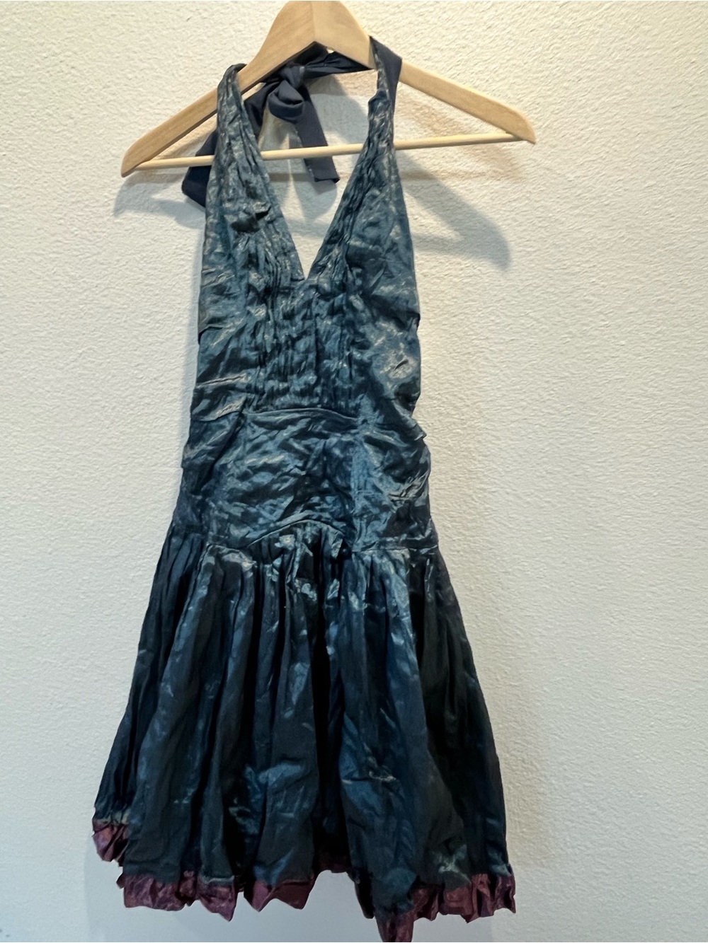 Nicole Miller Halter V-Neck Cocktail Dress in Dark Teal with Wine Trim Y2K